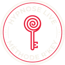 Logo de la formation Hypnose Live – Méthode R'Key : une clé surmontée d'une spirale d'hypnose